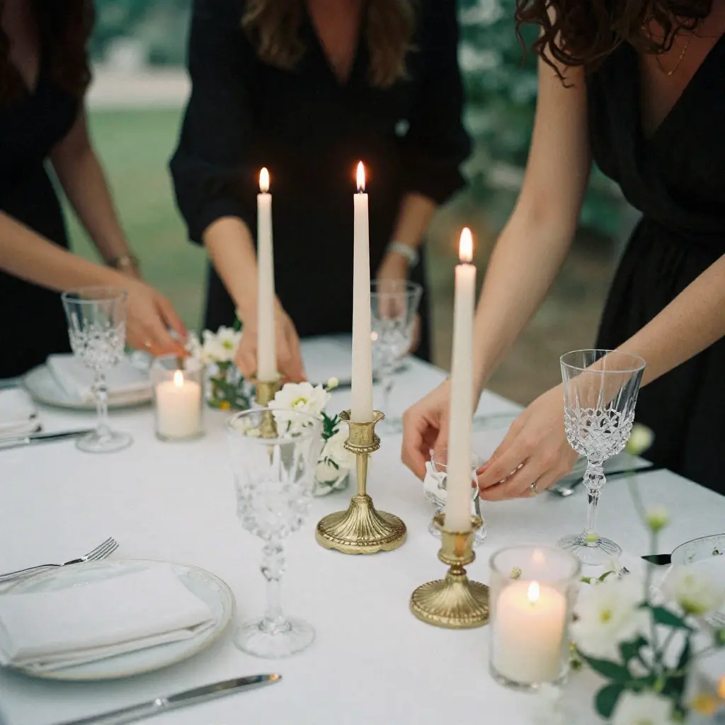 Event styling team preparing elegant table decorations